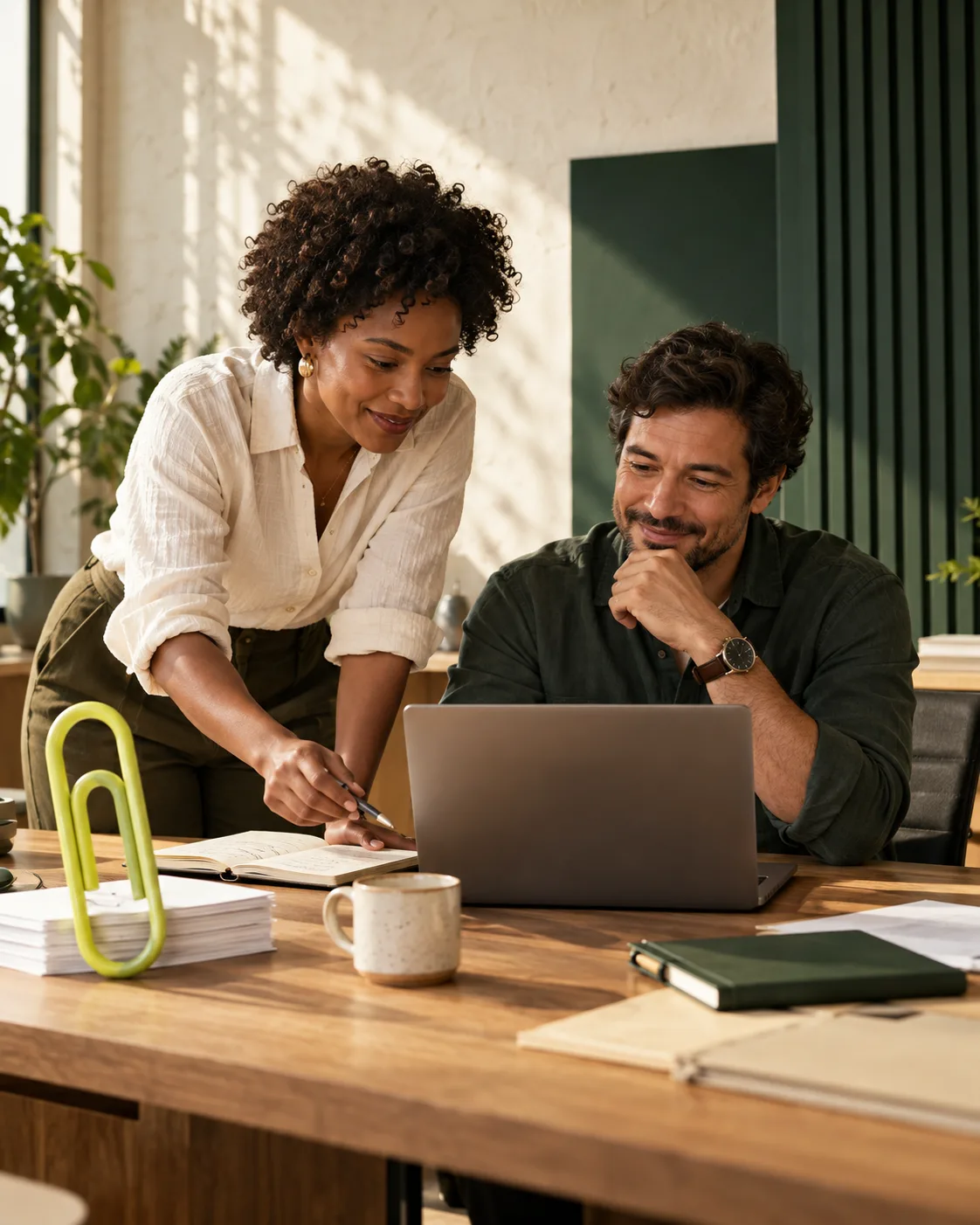 Cena ilustrativa: duas pessoas colaboram em uma mesa com notebook e um clipe verde gigante reunindo papéis.