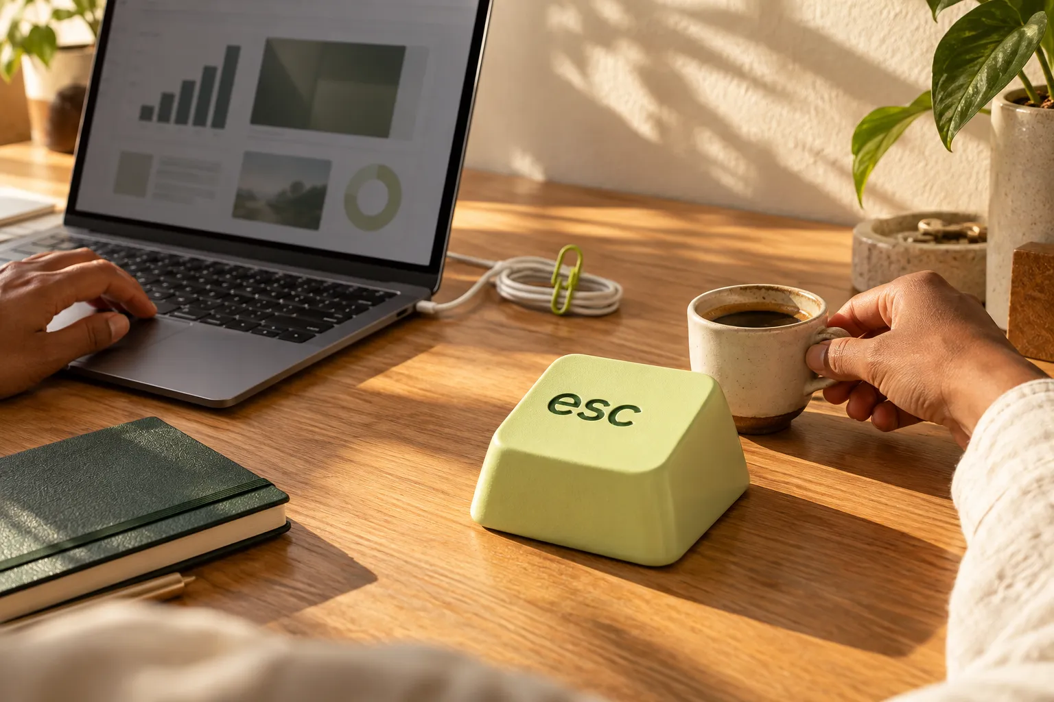 Cena conceitual: mãos, notebook, café e uma tecla esc verde ampliada sobre uma mesa de trabalho.