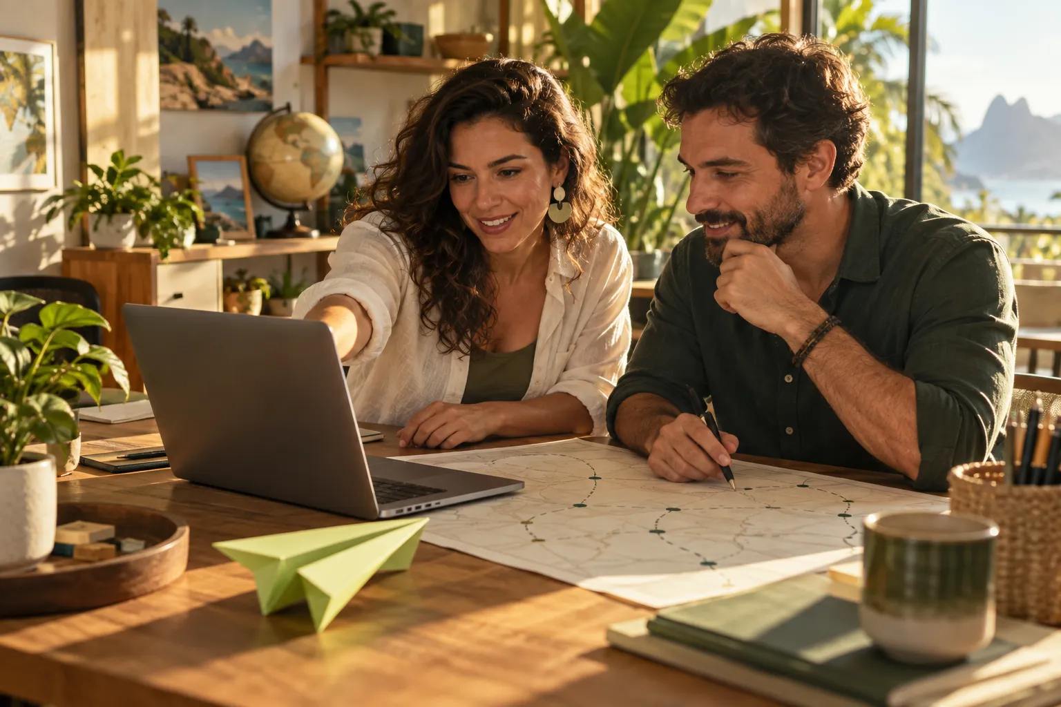 Cena ilustrativa de uma equipe de turismo preparando uma proposta com notebook e mapas sem dados reais.